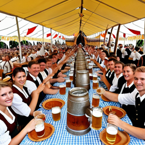 Home 7 **Oktoberfest Scene:** A bustling Oktoberfest scene in Munich, Germany. Long tables filled with people in traditional Bavarian attire (dirndls and lederhosen), raising steins of beer. The background includes tents, festive decorations, and the Bavarian flag.