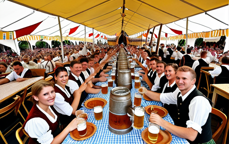 **Oktoberfest Scene:** A bustling Oktoberfest scene in Munich, Germany. Long tables filled with people in traditional Bavarian attire (dirndls and lederhosen), raising steins of beer. The background includes tents, festive decorations, and the Bavarian flag.
