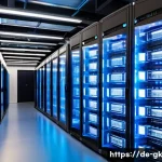 Transformer 아키텍처의 핵심 기술 동향 - A detailed, futuristic data center in Germany filled with racks of servers running large Transformer...