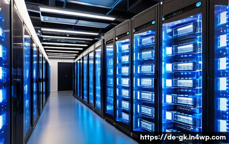 Transformer 아키텍처의 핵심 기술 동향 - A detailed, futuristic data center in Germany filled with racks of servers running large Transformer...