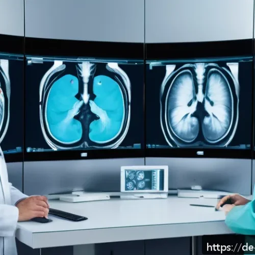 Transformer 아키텍처의 응용 분야 - A modern medical imaging lab scene showing a diverse group of German radiologists analyzing high-res...