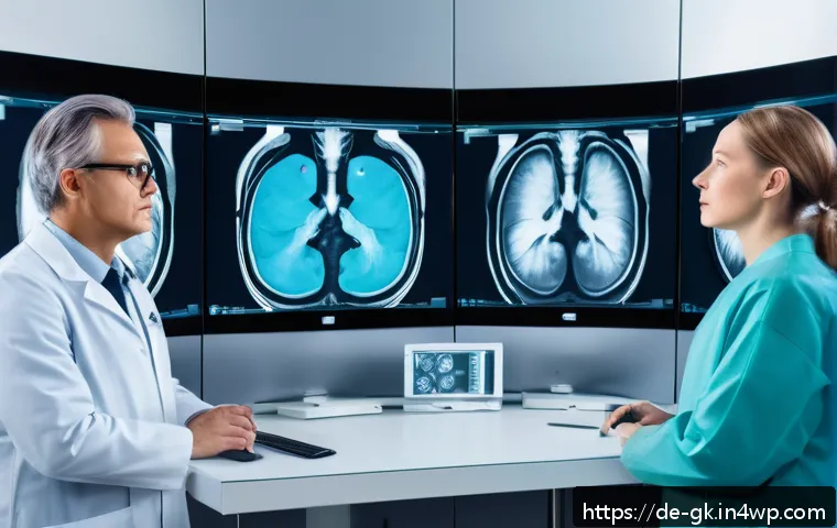 Transformer 아키텍처의 응용 분야 - A modern medical imaging lab scene showing a diverse group of German radiologists analyzing high-res...